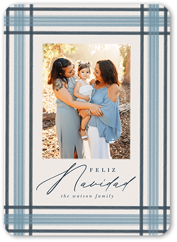 Brushed Plaid Border Holiday Card, Blue, 5x7 Flat, Feliz Navidad, Pearl Shimmer Cardstock, Rounded, Blue Suede