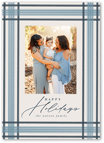 Brushed Plaid Border Holiday Card, Blue, 5x7 Flat, Holiday, Pearl Shimmer Cardstock, Square, Blue Suede