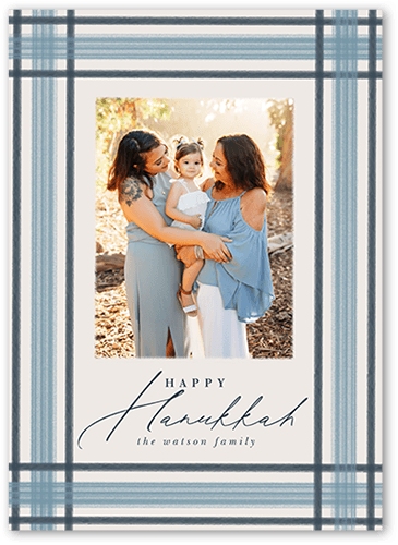 Brushed Plaid Border Holiday Card, Blue, 5x7 Flat, Hanukkah, Matte, Signature Smooth Cardstock, Square, Blue Suede