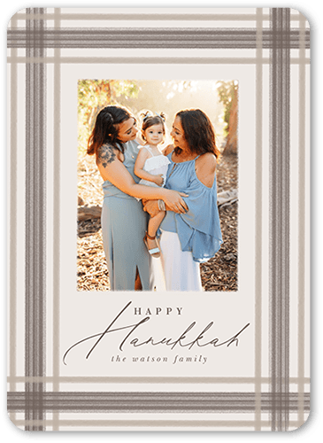 Brushed Plaid Border Holiday Card, Grey, 5x7 Flat, Hanukkah, Pearl Shimmer Cardstock, Rounded, Granite