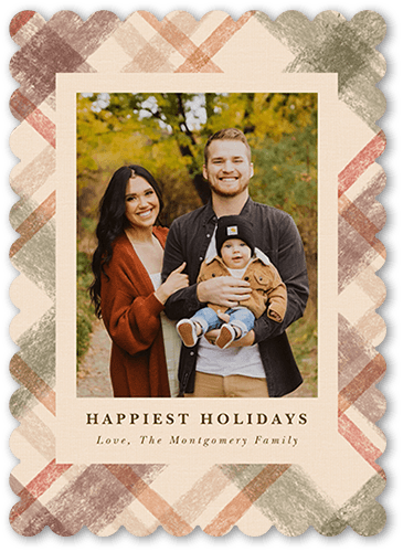 Cozy Plaid Holiday Card, Beige, 5x7 Flat, Holiday, Pearl Shimmer Cardstock, Scallop