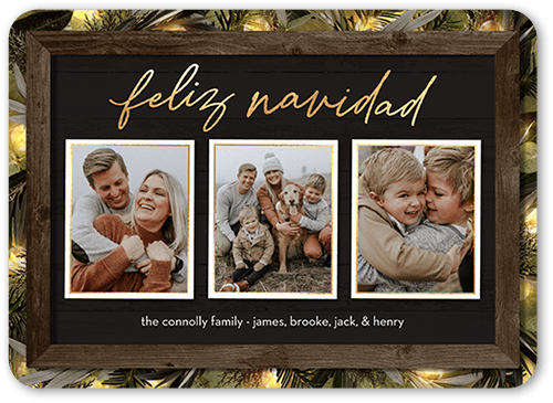 Rustic Evergreen Lights Holiday Card, Grey, 5x7 Flat, Feliz Navidad, Standard Smooth Cardstock, Rounded, Charcoal