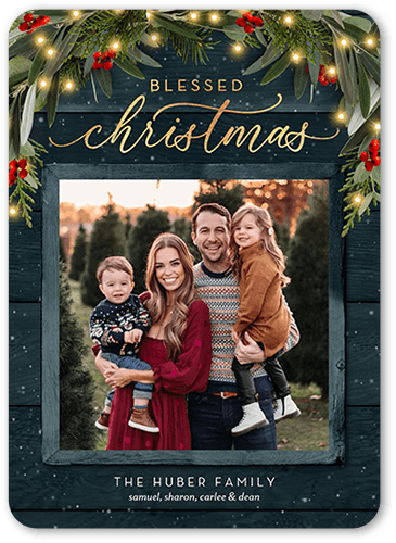 Wreath Topped Holiday Card, Blue, 5x7 Flat, Religious, Standard Smooth Cardstock, Rounded, Blue Suede