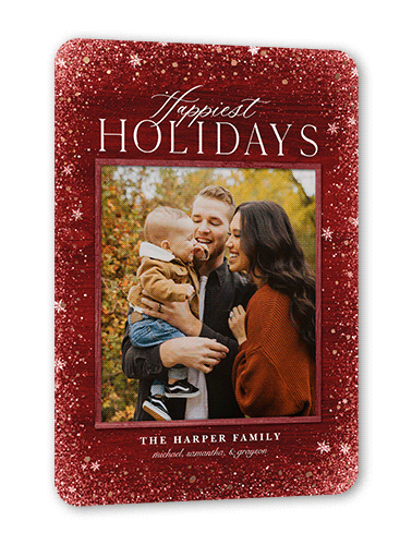 Snowflake Foil Stamped Holiday Card, Red, Rose Gold Foil, 5x7 Flat, Holiday, Pearl Shimmer Cardstock, Rounded, Spanish Red