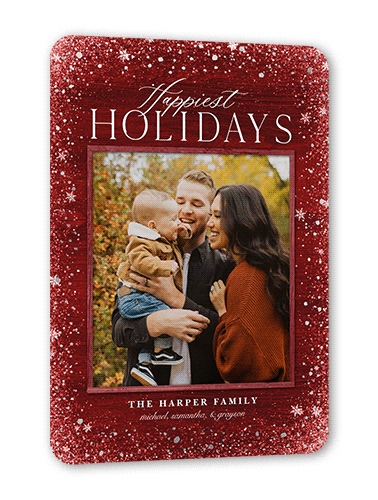Snowflake Foil Stamped Holiday Card, Red, Silver Foil, 5x7 Flat, Holiday, Pearl Shimmer Cardstock, Rounded