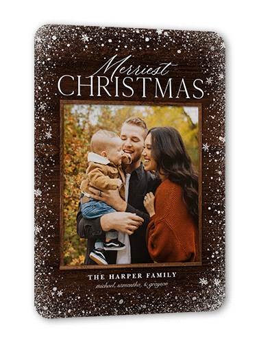 Snowflake Foil Stamped Holiday Card, Brown, Silver Foil, 5x7 Flat, Christmas, Pearl Shimmer Cardstock, Rounded