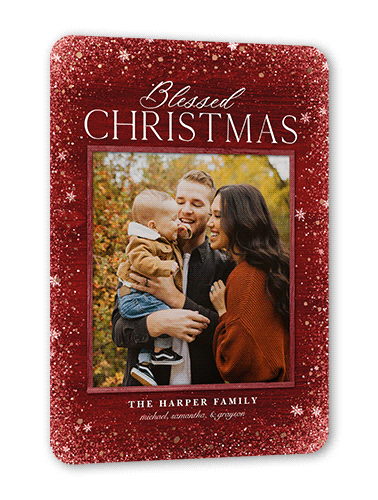 Snowflake Foil Stamped Holiday Card, Red, Rose Gold Foil, 5x7 Flat, Religious, Pearl Shimmer Cardstock, Rounded, Spanish Red