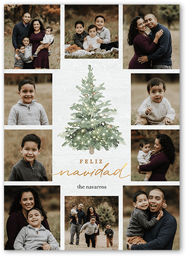 Watercolor Tree Holiday Card, White, 5x7 Flat, Feliz Navidad, Luxe Double-Thick Cardstock, Square