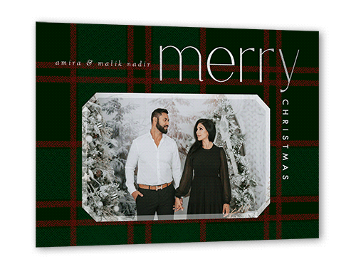 Plaid Elegance Holiday Card, Green, Silver Foil, 5x7, Christmas, Pearl Shimmer Cardstock, Square