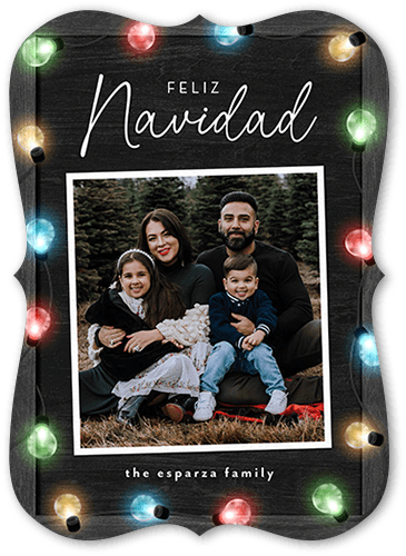 Colorful Bulb Lights Holiday Card, Black, 5x7 Flat, Feliz Navidad, Pearl Shimmer Cardstock, Bracket