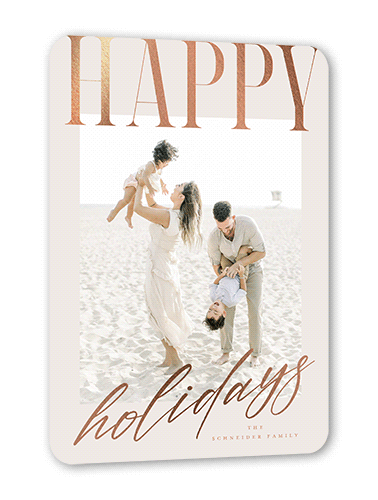 Big And Shiny Holiday Card, Grey, Rose Gold Foil, 5x7 Flat, Holiday, Pearl Shimmer Cardstock, Rounded, Whisper Gray
