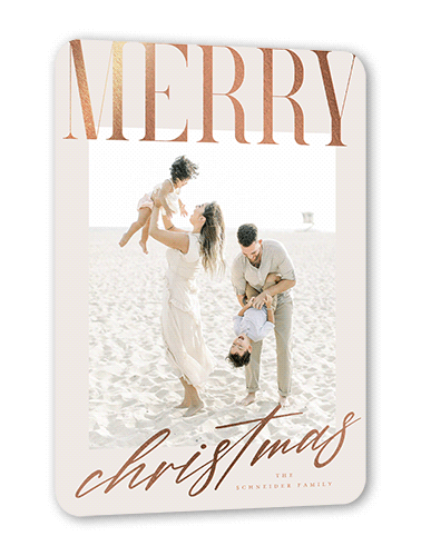 Big And Shiny Holiday Card, Rose Gold Foil, Grey, 5x7 Flat, Christmas, Pearl Shimmer Cardstock, Rounded