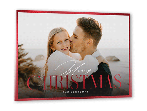 Gleaming Edge Holiday Card, Red Foil, White, 5x7 Flat, Christmas, Pearl Shimmer Cardstock, Square