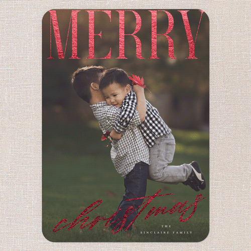 Satin Sentiments Holiday Card, Red Foil, White, 5x7 Flat, Christmas, Pearl Shimmer Cardstock, Rounded, White