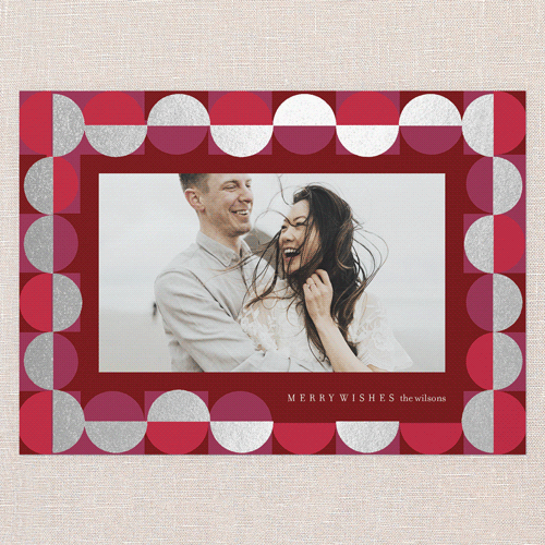 Geometric Garland Holiday Card, Red, Silver Foil, 5x7 Flat, Write Your Own, Pearl Shimmer Cardstock, Square, Red