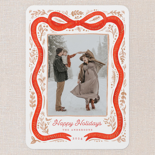 Vintage Bow Holiday Card, Red, 5x7 Flat, Holiday, 100% Recycled Cardstock , Rounded