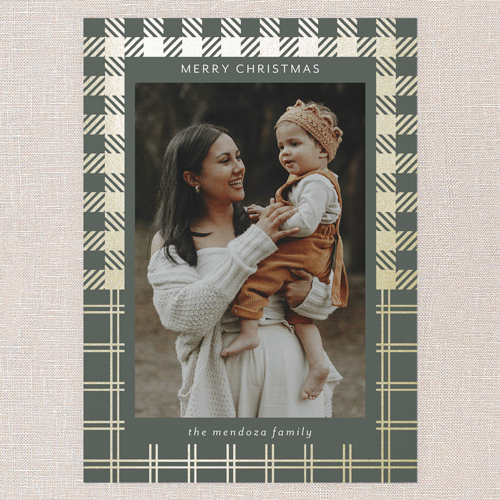 Gift Wrapped Plaid Holiday Card, Gold Foil, Green, 5x7 Flat, Write Your Own, Luxe Double-Thick Cardstock, Square, Leafy