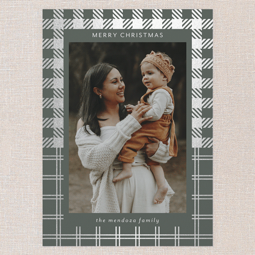 Gift Wrapped Plaid Holiday Card, Silver Foil, Green, 5x7 Flat, Write Your Own, Pearl Shimmer Cardstock, Square, Leafy