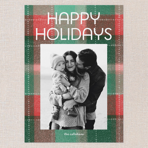 Cozy Plaid Greetings Holiday Card, Green, 5x7 Flat, Holiday, Pearl Shimmer Cardstock, Square