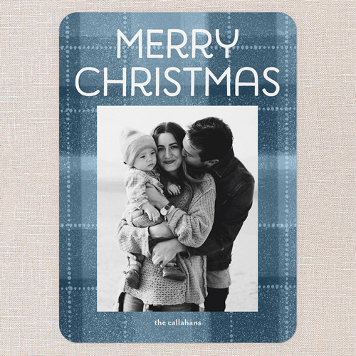 Cozy Plaid Greetings Holiday Card, Blue, 5x7 Flat, Christmas, Pearl Shimmer Cardstock, Rounded