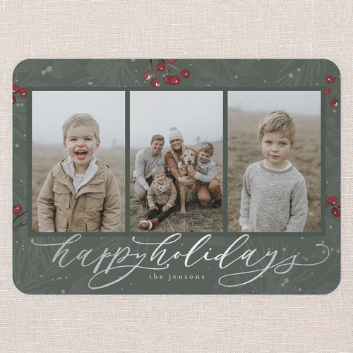 Filigree Festivity Holiday Card, Silver Foil, Green, 5x7 Flat, Holiday, Matte, Signature Smooth Cardstock, Rounded, Rosemary