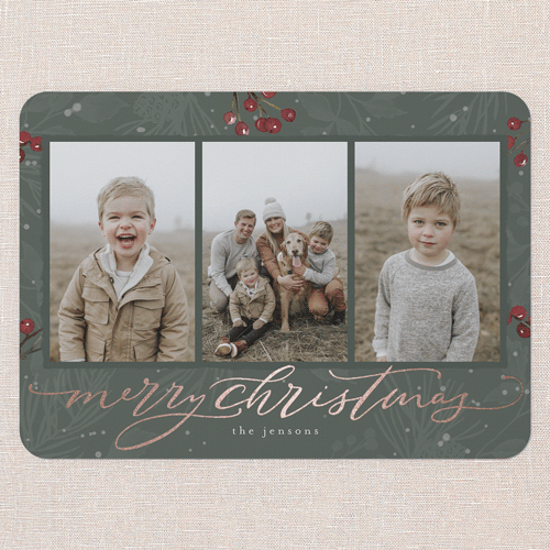 Filigree Festivity Holiday Card, Rose Gold Foil, Green, 5x7 Flat, Christmas, Pearl Shimmer Cardstock, Rounded, Rosemary