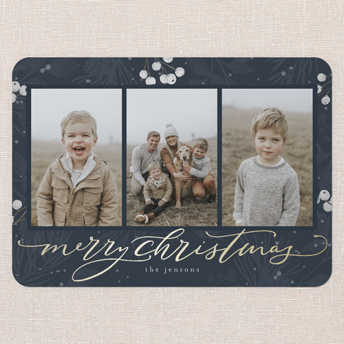 Filigree Festivity Holiday Card, Gold Foil, Blue, 5x7 Flat, Christmas, Pearl Shimmer Cardstock, Rounded, Navy