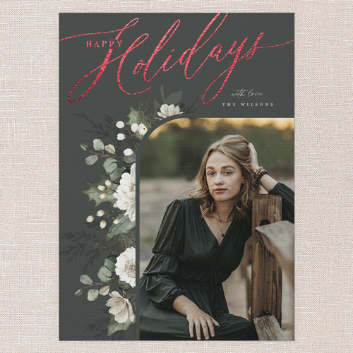 Botanical Elegance Holiday Card, Green, Red Foil, 5x7 Flat, Holiday, Pearl Shimmer Cardstock, Square, Evergreen