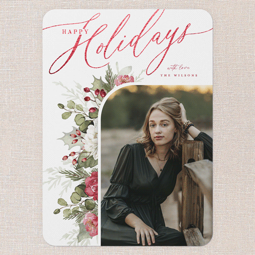 Botanical Elegance Holiday Card, White, Red Foil, 5x7 Flat, Holiday, Pearl Shimmer Cardstock, Rounded, White