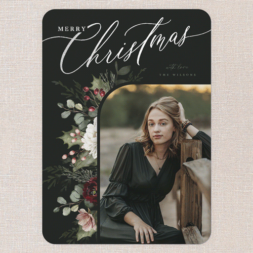 Botanical Elegance Holiday Card, Black, Silver Foil, 5x7 Flat, Christmas, Pearl Shimmer Cardstock, Rounded, Black