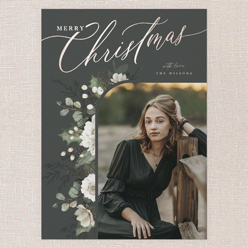 Botanical Elegance Holiday Card, Green, Rose Gold Foil, 5x7 Flat, Christmas, Matte, Signature Smooth Cardstock, Square, Evergreen