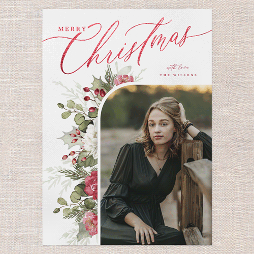 Botanical Elegance Holiday Card, Red Foil, White, 5x7 Flat, Christmas, Pearl Shimmer Cardstock, Square