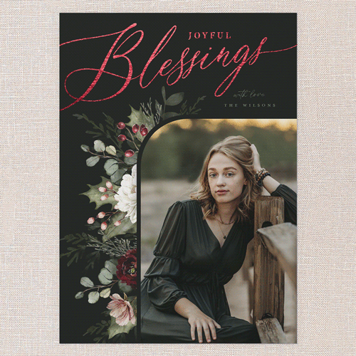 Botanical Elegance Holiday Card, Black, Red Foil, 5x7 Flat, Religious, Pearl Shimmer Cardstock, Square, Black