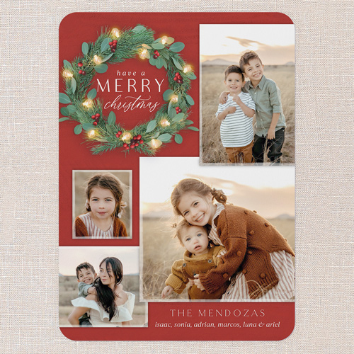 Bright Wreath Holiday Card, Red, 5x7 Flat, Christmas, Matte, Signature Smooth Cardstock, Rounded, Red