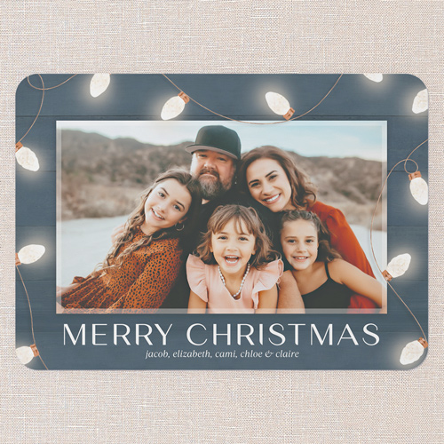 Classic String Lights Holiday Card, Blue, 5x7 Flat, Christmas, Pearl Shimmer Cardstock, Rounded