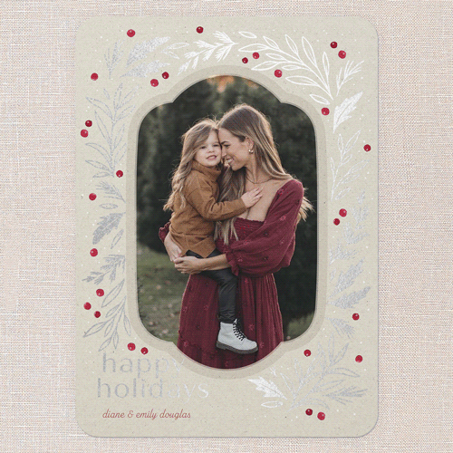 Foliage Framing Holiday Card, Beige, Silver Foil, 5x7 Flat, Holiday, Pearl Shimmer Cardstock, Rounded, Sandstone