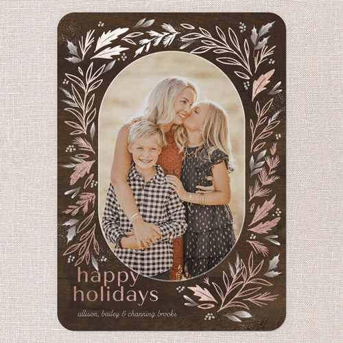 Frosty Evergreen Charm Holiday Card, Rose Gold Foil, Brown, 5x7 Flat, Holiday, Matte, Signature Smooth Cardstock, Rounded, Chocolate