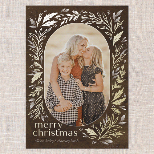 Frosty Evergreen Charm Holiday Card, Gold Foil, Brown, 5x7 Flat, Christmas, Pearl Shimmer Cardstock, Square, Chocolate