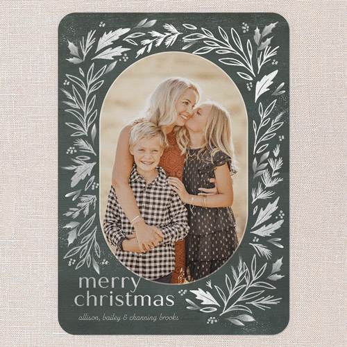 Frosty Evergreen Charm Holiday Card, Silver Foil, Green, 5x7 Flat, Christmas, Matte, Signature Smooth Cardstock, Rounded, Pine