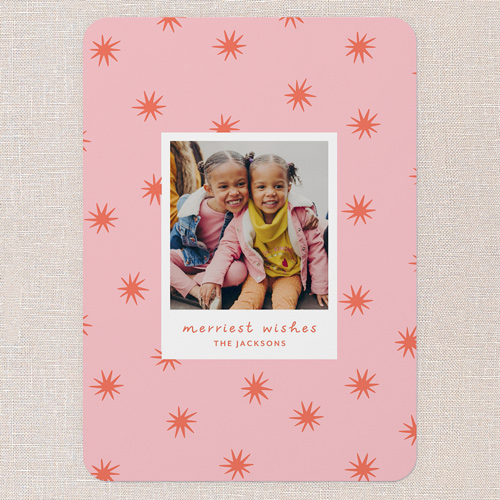 Starburst Smiles Holiday Card, Pink, 5x7 Flat, Christmas, Pearl Shimmer Cardstock, Rounded