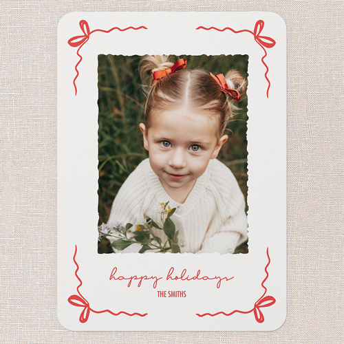 Ribbon Curls Holiday Card, Red, 5x7 Flat, Holiday, Pearl Shimmer Cardstock, Rounded, Red
