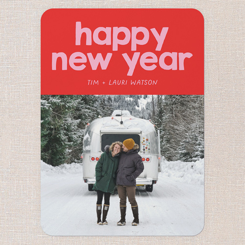 Festively Fun Holiday Card, Red, 5x7 Flat, New Year, Pearl Shimmer Cardstock, Rounded, Cherry