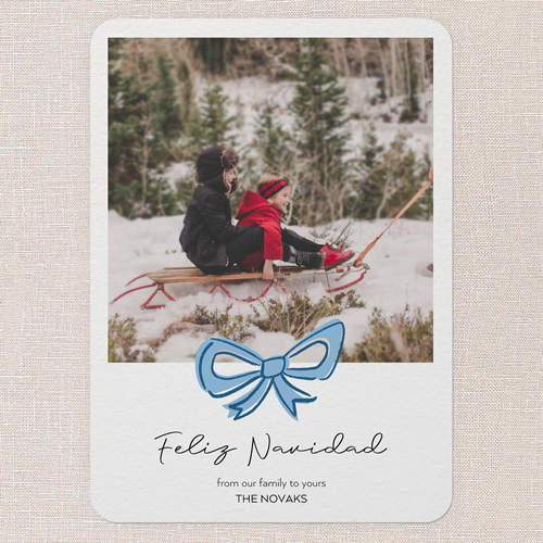 Joyful Bow Tidings Holiday Card, Blue, 5x7 Flat, Feliz Navidad, Pearl Shimmer Cardstock, Rounded, Blue