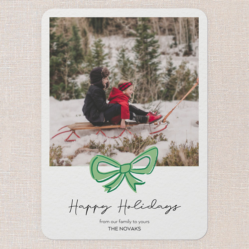 Joyful Bow Tidings Holiday Card, Green, 5x7 Flat, Holiday, Pearl Shimmer Cardstock, Rounded, Green