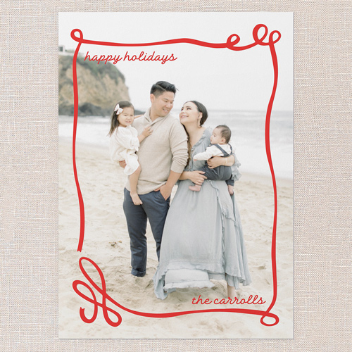 Joyful Ribbon Flourish Holiday Card, Red, 5x7 Flat, Write Your Own, Luxe Double-Thick Cardstock, Square, Red
