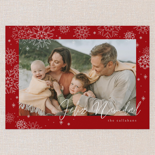 Faint Snowflakes Holiday Card, Red, 5x7 Flat, Feliz Navidad, Standard Smooth Cardstock, Square, Red