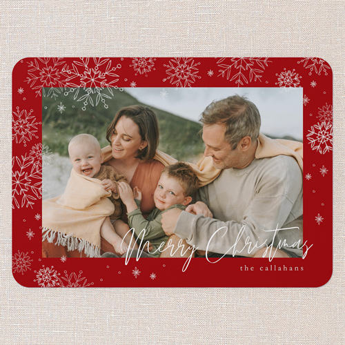 Faint Snowflakes Holiday Card, Red, 5x7 Flat, Christmas, Pearl Shimmer Cardstock, Rounded