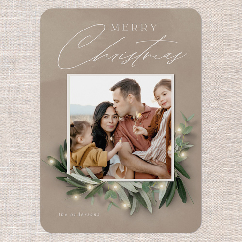 Cozy Wreath Holiday Card, Beige, 5x7 Flat, Christmas, Pearl Shimmer Cardstock, Rounded