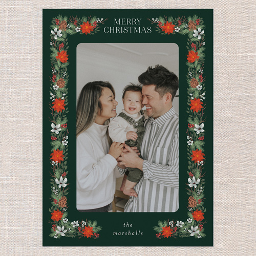 Winter Botanical Border Holiday Card, Green, 5x7 Flat, Christmas, Luxe Double-Thick Cardstock, Square, Spruce