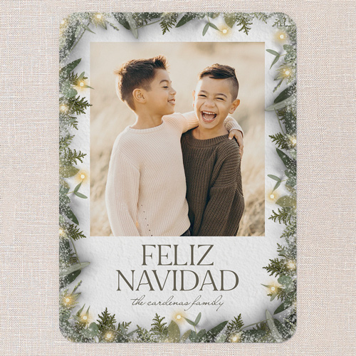 Lit Wreath Holiday Card, White, 5x7 Flat, Feliz Navidad, 100% Recycled Cardstock , Rounded, White